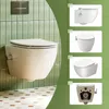 A collage of different toilet models and a flush plate, with a main image of a wall-mounted toilet. Podgląd zdjęcia produktu