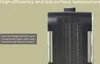 A close-up of a black electric heater with text overlays describing its features. Voir les images du produit