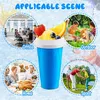 A collage showing a blue slushy cup with a lid and garnish, surrounded by four circular images depicting various applicable scenes: an office, an outdoor picnic, a home dinner, and a golf course. Podgląd zdjęcia produktu