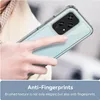 A hand is holding a transparent phone case with a light blue textured back, showing the camera module of a phone inside. Produktbild-Vorschau