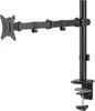 A black monitor arm mount clamped to a desk edge, shown against a white background. Produktbild-Vorschau