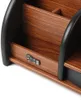 A close-up view of a wooden desk organizer with compartments and a small drawer. Podgląd zdjęcia produktu