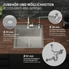 A kitchen sink with various accessories and their mounting hole sizes indicated by text and diagrams. Produktbild-Vorschau