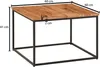 A square coffee table with a wooden top and black metal legs, shown with dimensions indicated. Produktbild-Vorschau