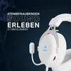 A white gaming headset with a microphone is shown against a dark blue, marbled background. Text overlays highlight the product's features. Produktbild-Vorschau