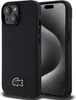A black iPhone case with a green Lacoste logo is shown from an angle, with the phone screen visible behind it. Anteprima dell’immagine prodotto