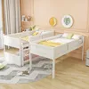 A bedroom with two white bunk beds, decorated with yellow and pink bedding and wall art. Podgląd zdjęcia produktu