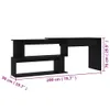 A black wooden corner desk with shelving is shown with dimensions indicated by text overlays. Voir les images du produit