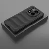 A black phone case with a textured back is displayed on a gray platform. Produktbild-Vorschau