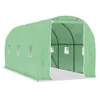 A green greenhouse tent with windows, shown from the front with the entrance open.