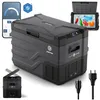 A collage of images showing a portable electric cooler and its accessories, including a smartphone app interface and power adapters. Anteprima dell’immagine prodotto