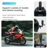 Collage showing a motorcycle rider, helmet mounting options, and handlebar mounting for a camera. Náhled obrázku produktu