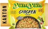 A package of Yum Yum Instant Chicken Noodles is shown against a plain background, with a cardboard box to the left. Produktbild-Vorschau