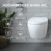 A white wall-mounted toilet is shown on a tiled wall, with various feature icons and text overlays. Náhled obrázku produktu