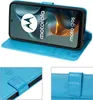 A collage of images showing a blue flip case for a Motorola Moto G05 / Moto E15 phone, with close-ups of the case's features. Produktbild-Vorschau