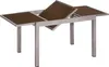 A table with a brown glass top and a metal frame, shown from a slightly elevated side angle. Produktbild-Vorschau
