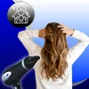 A person drying their hair with a hairdryer, with a graphic overlay of a stylized woman and sparkles. Produktbild-Vorschau