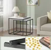A collage of images showing nesting tables, a close-up of table legs, and a demonstration of the table's water-resistant surface. Produktbild-Vorschau