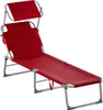 A red foldable sun lounger with a sun canopy, shown against a white background. Produktbild-Vorschau