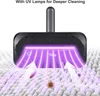 A close-up view of a black and gray handheld vacuum cleaner with purple UV lights shining onto a white textured surface, illustrating its cleaning function. Produktbild-Vorschau