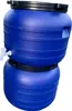 Two stacked blue water barrels with black lids and a white spigot on the top barrel. Produktbild-Vorschau