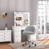 A vanity table with a lighted mirror, a chair, and a dresser in a room. Produktbild-Vorschau