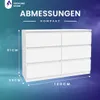 A white dresser with six drawers is shown against a gradient blue and purple background, with measurement indicators. Anteprima dell’immagine prodotto