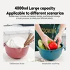 A split image showing a kitchen sink area. The left side displays a pink colander filled with white dishes and chopsticks. The right side shows hands washing vegetables, including cucumbers and a tomato, in a blue colander. Produktbild-Vorschau