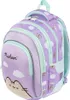 A purple backpack with a Pusheen cat design and mint green accents is shown against a white background. Produktbild-Vorschau