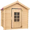 A wooden playhouse with a red roof, shown from the front. Produktbild-Vorschau