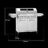 A stainless steel gas grill with dimensions indicated by lines and text. Produktbild-Vorschau
