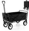 A black foldable garden wagon with adjustable handle and cup holders is shown on a white background. A smaller image of the wagon folded is in the top right corner.