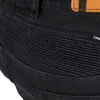 A close-up view of the textured knee area of black jeans, with a leather brand tag visible at the top. Produktbild-Vorschau