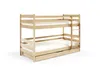 A wooden bunk bed with a pull-out drawer and mattresses, shown against a white background. Produktbild-Vorschau