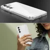 A collage showing a clear phone case from different angles, one shot is a close-up of the case on a dark background, and the other is a lifestyle shot of someone holding a phone with the case on. Produktbild-Vorschau