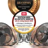 Several Brandson floor fans are displayed in a row, with awards and certifications prominently featured in the background. Podgląd zdjęcia produktu