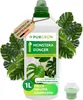 A bottle of Purgrün Monstera fertilizer surrounded by Monstera leaves. Produktbild-Vorschau
