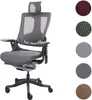 A gray ergonomic office chair with a headrest and black frame is shown against a white background. To the right of the chair are circular swatches of different fabric colors. Podgląd zdjęcia produktu