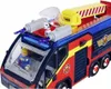 A close-up, slightly angled view of a toy fire truck with a firefighter figure and a Dalmatian dog visible inside the cab. Produktbild-Vorschau