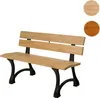A wooden park bench with black cast iron legs, shown against a white background. Two circular swatches of wood color are visible in the upper right corner. Produktbild-Vorschau
