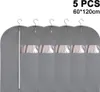 A set of five gray garment bags hanging side-by-side, each with a clear plastic window, against a white background. Produktbild-Vorschau