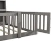 Close-up view of a grey wooden bed frame with a railing and a small shelf unit. Produktbild-Vorschau