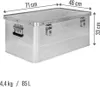 A silver aluminum storage box with dimensions indicated. Produktbild-Vorschau