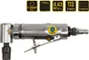 A silver-colored pneumatic angle grinder with various technical specifications displayed in yellow boxes above it. Produktbild-Vorschau