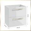 A white, high-gloss bathroom cabinet with two drawers and gold handles, shown with dimensions indicated. Náhled obrázku produktu