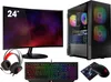 A gaming PC setup including a monitor, computer tower, keyboard, mouse, and headphones, displayed against a white background. Produktbild-Vorschau