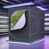 A grow tent is shown in a room with shelves of plants under grow lights. Náhled obrázku produktu