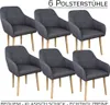 6 Stühle mit umlaufender Armlehne, Holzbeine und dunkelgrauem Stoff auf Rückenlehne, Sitzpolster und Armlehne