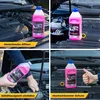 A collage of four images showing the process of adding coolant to a car engine. Produktbild-Vorschau