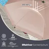 A close-up of a beige umbrella with various icons and text highlighting its features. Produktbild-Vorschau